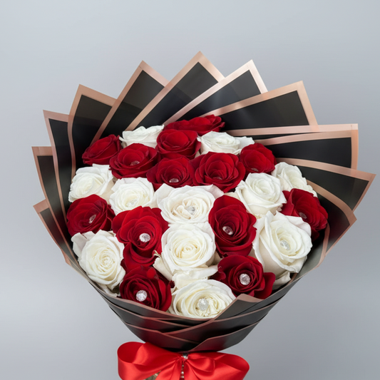 Bouquet of 24 red and white roses wrapped in Korean paper with satin ribbon, vase not included – flower delivery in Medellín.