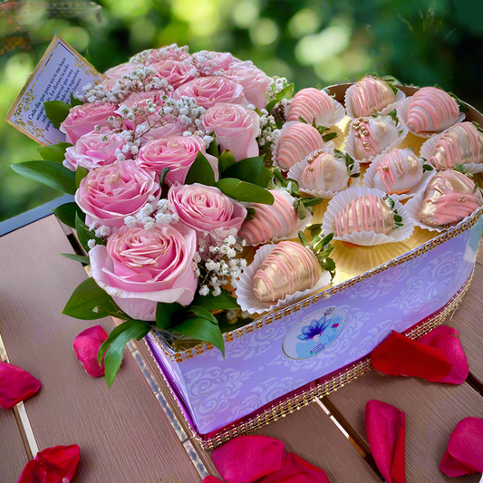 24 pink roses with 12 chocolate strawberries in heart-shaped box – Gift to Colombia