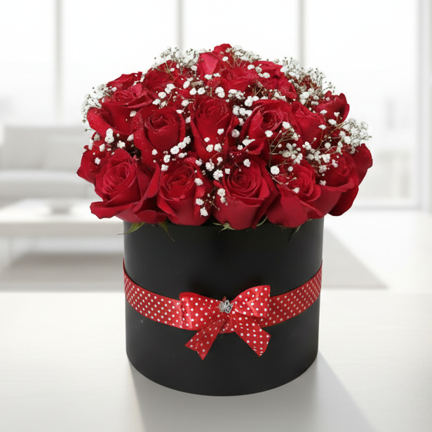 36 red roses in elegant black box with baby’s breath and ribbon – flower delivery in Cucuta Colombia