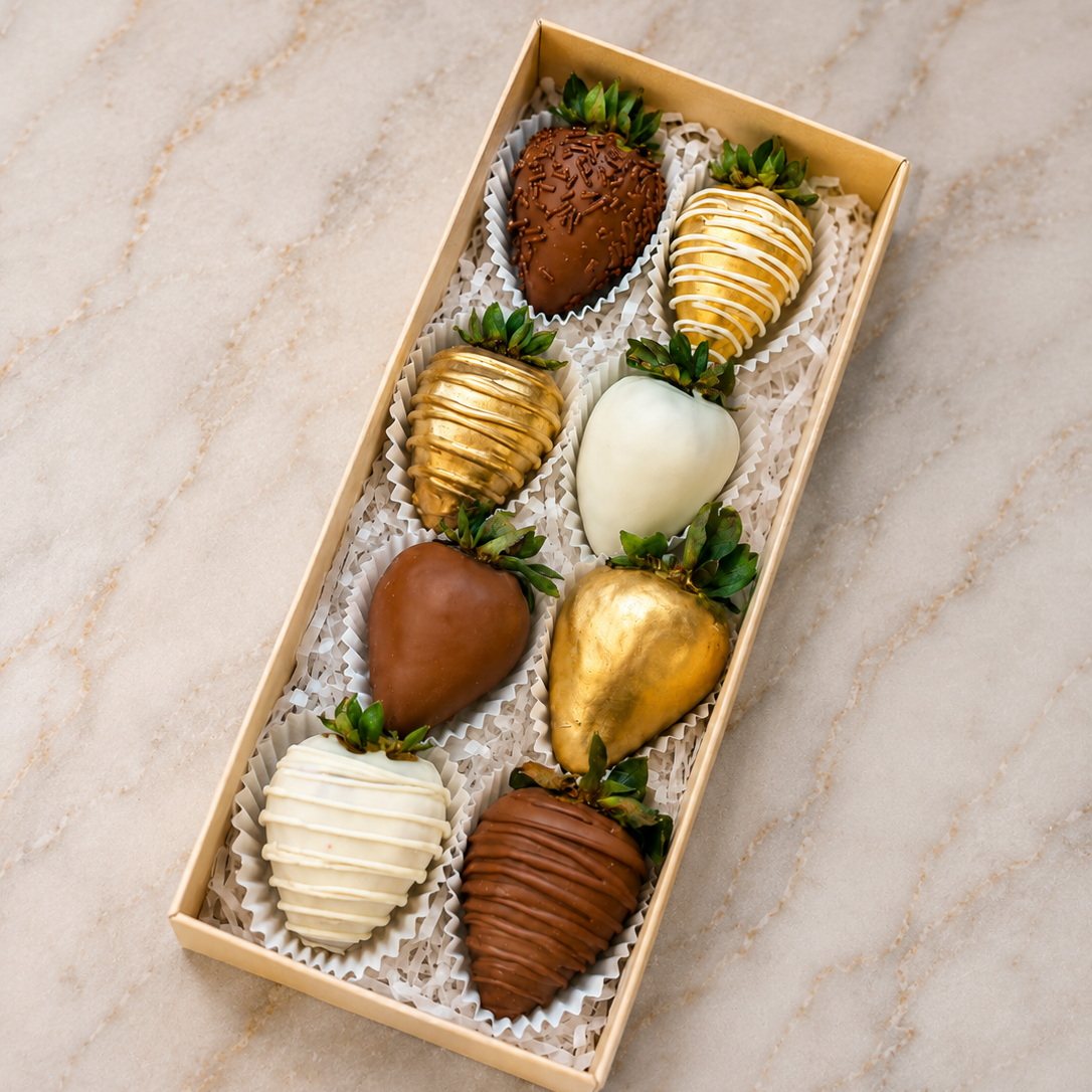 An open rectangular box of gourmet chocolate-covered strawberries arranged on white shredded paper, set on a light beige marble surface. The strawberries are coated in milk chocolate, white chocolate, and metallic gold chocolate, with green leafy tops visible Medellin