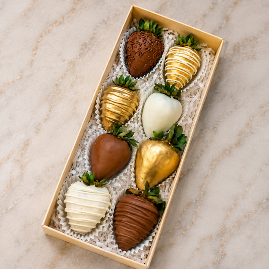 An open rectangular box of gourmet chocolate-covered strawberries arranged on white shredded paper, set on a light beige marble surface. The strawberries are coated in milk chocolate, white chocolate, and metallic gold chocolate, with green leafy tops visible Medellin
