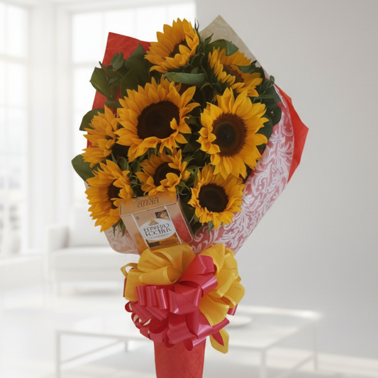bouquet of 8 sunflowers with ferrero rocher chocolates for delivery in Cali Colombia