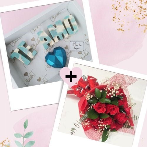 Choco message in box with roses bouquet.