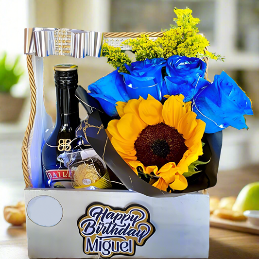 Blue roses, sunflower, Baileys and chocolates in wooden birthday box – Arboletes, Colombia