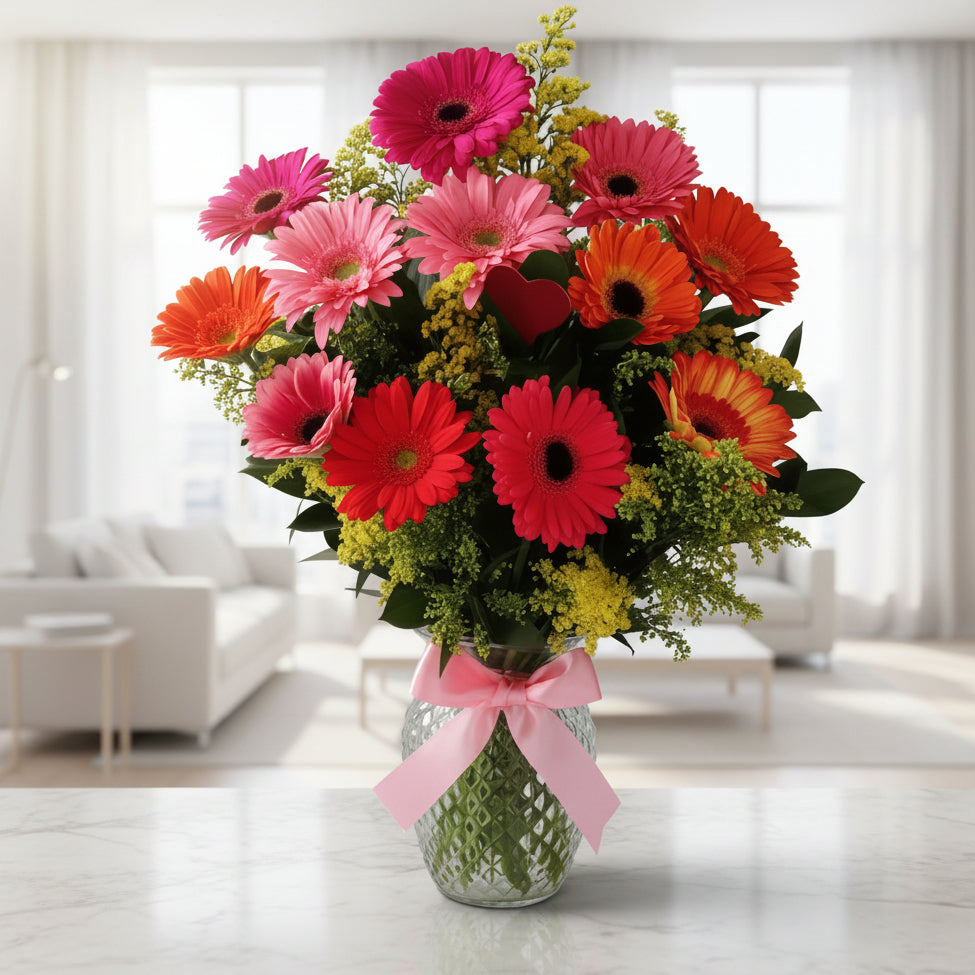 Ten mixed color gerberas arranged with fine greenery in a clear glass vase with pink ribbon for delivery in Pereira