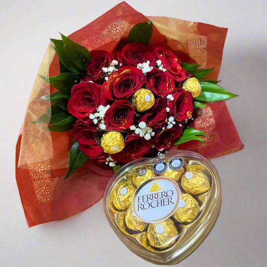 Bouquet of fresh red roses with Ferrero Rocher chocolates and a heart-shaped box – Same-day delivery in Acacías, Meta