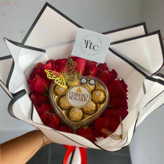 Bouquet of fresh red roses with heart-shaped Ferrero Rocher  – Same-day delivery in Acacías, Meta