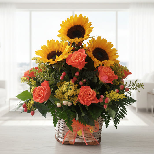 sunflowers and orange roses flower arrangement flower delivery cucuta colombia