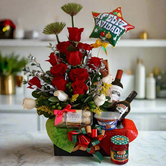 Christmas Gift Basket with 15 Roses, Baileys, Ferrero Chocolates, and Wine