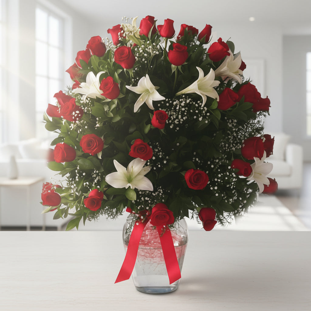 Four dozen red roses arranged with white lilies and greenery in a clear glass vase with red ribbon for delivery in Pereira