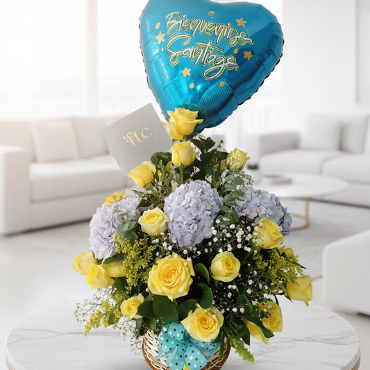 new baby flower arrangement with yellow roses hydrangeas balloon flower delivery cucuta colombia