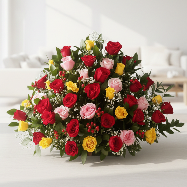 Four dozen mixed color roses arranged with fine greenery in an elegant floral design for delivery in Pereira
