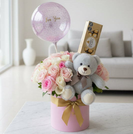 Birthday Flower Box with Teddy Bear, Chocolates & Balloon – Pereira
