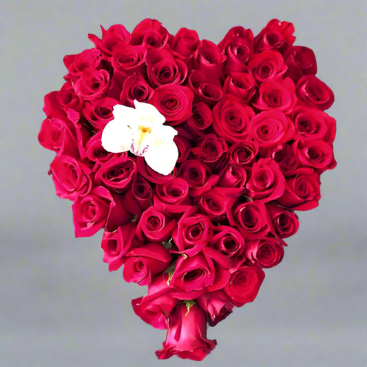 Heart-shaped floral arrangement with 50 red roses and a white orchid, perfect romantic gift for delivery in Barranquilla.