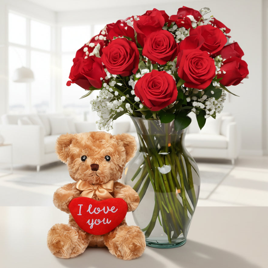 12, 24 or 36 Red Roses in Vase with Teddy Bear