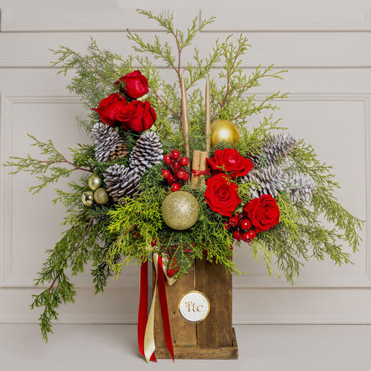 Elegant Christmas Arrangement with Red Roses, Pine, Snowy Cones & Metallic Candles – Medellín Delivery