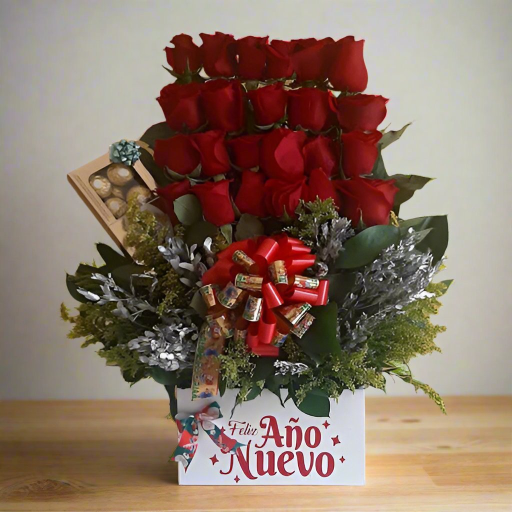 New Year Floral Arrangement with 24 Red Roses and Ferrero Rocher Chocolates