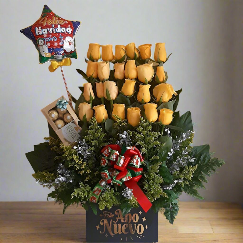 New Year Arrangement with 24 Yellow Roses, Ferrero Chocolates, and Festive Balloon