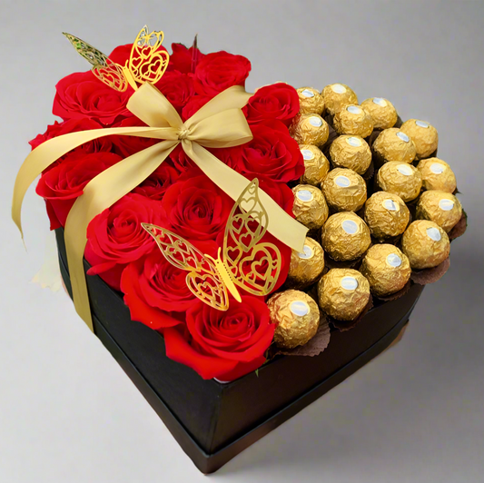 Heart-shaped box with red roses and Ferrero Rocher chocolates, gold ribbon and butterflies – Acacías, Meta