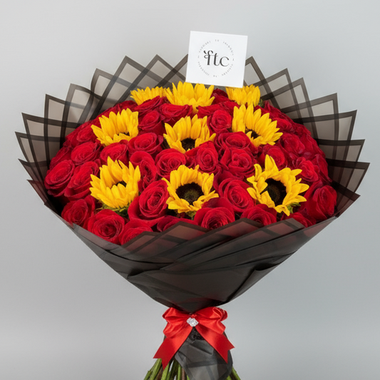 Sunflowers & 50 Red Roses Grand Bouquet
