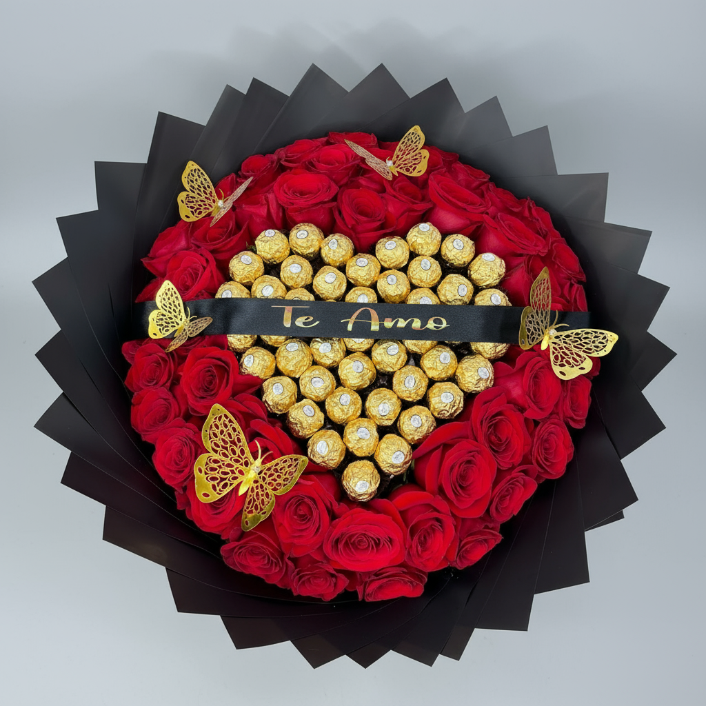 Red Roses & Ferrero Chocolate Heart Bouquet – “Te Amo” Design