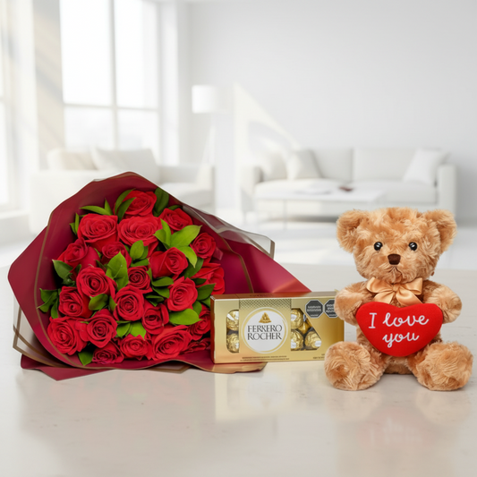 Rose Bouquet with Teddy Bear & Ferrero – 12, 24 or 36 Roses – Delivery in Colombia