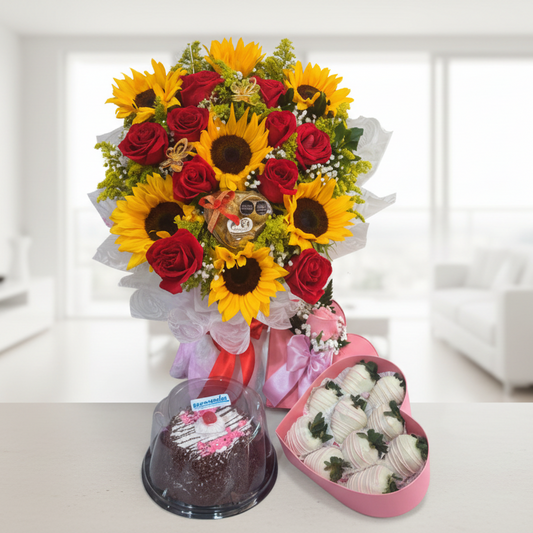 Sunflowers & Red Roses Gift Set with Cake, Chocolate-Covered Strawberries & Ferrero Rocher (8 pcs)