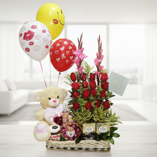 Romantic Roses & Gift Basket with Teddy Bear – Flower Delivery in Cucuta Colombia