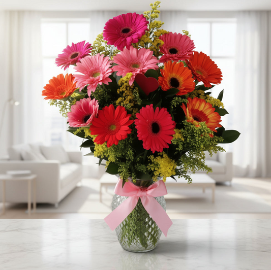 12 Mixed-Color Gerberas in a Vase