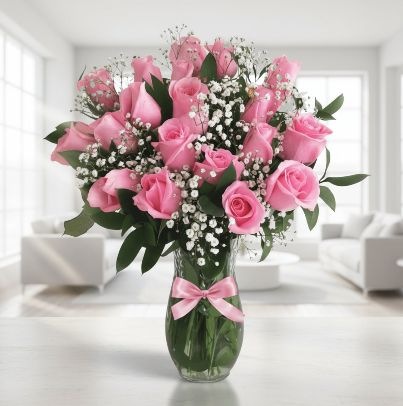 24 Pink Roses in Glass Vase