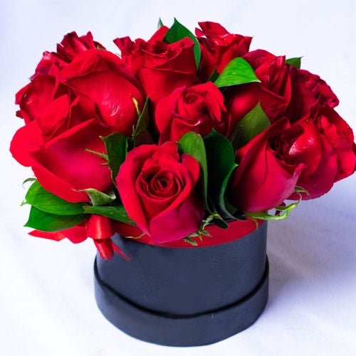 Red roses in round gift box with seasonal foliage - Bogotá and Medellín delivery