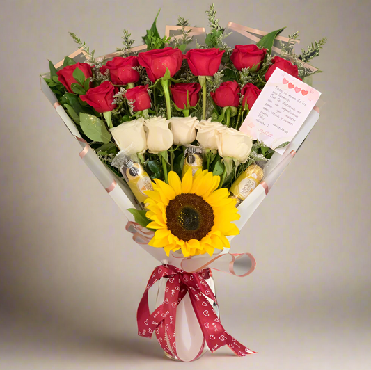 Sunflower, Red and White Roses Bouquet with Ferrero and Card – Hato Corozal Casanare