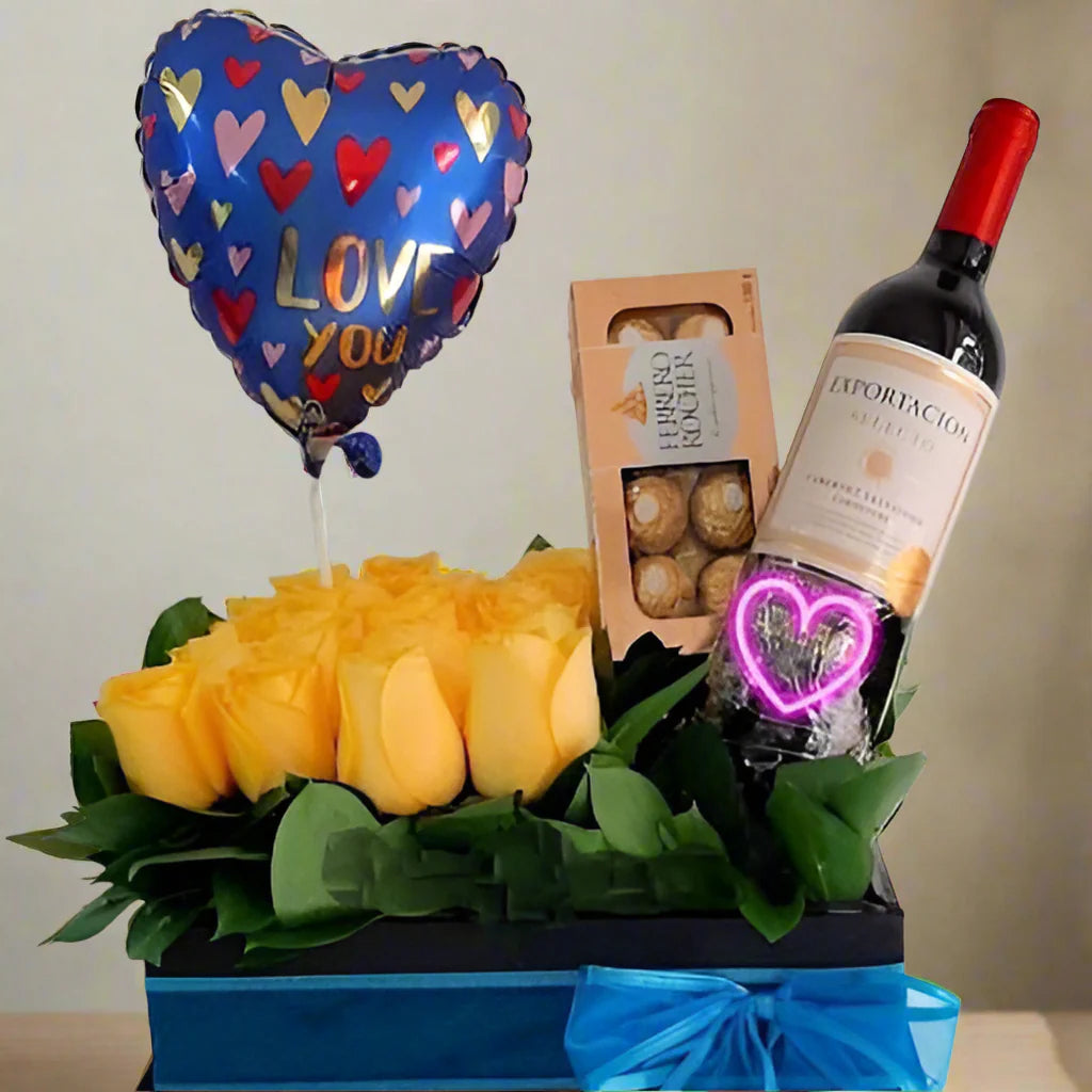 Gift delivery of yellow roses and wine in Bogotá, Medellín, Pereira, Cúcuta, Valledupar