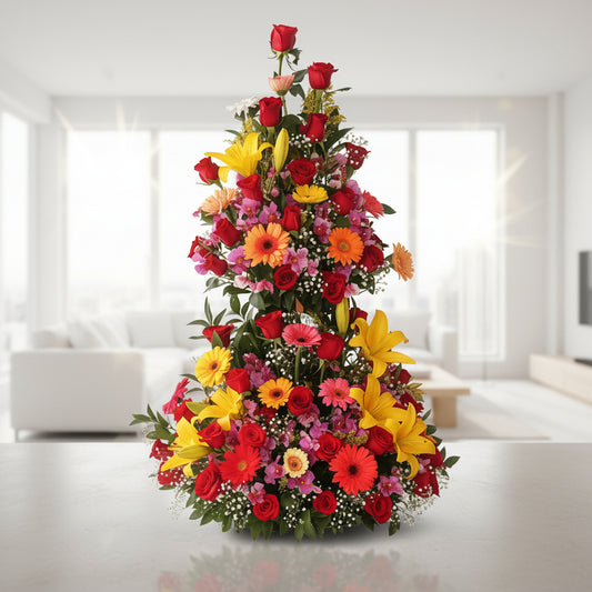 Elegant Two-Tier Floral Arrangement with Lilies, Gerberas & Red Roses – Pereira