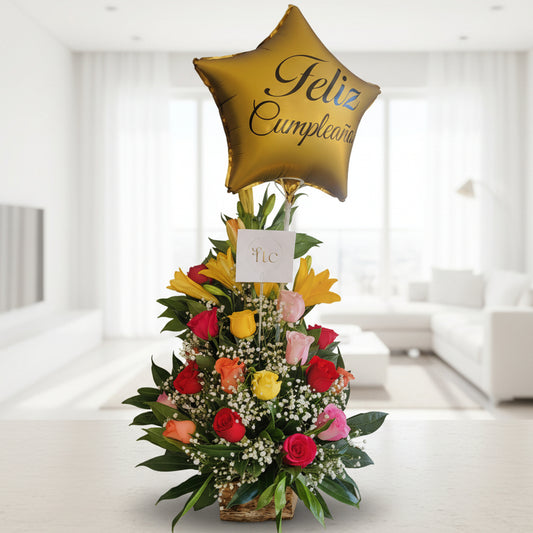 birthday flower arrangement with mixed roses and happy birthday balloon for delivery in bogota colombia
