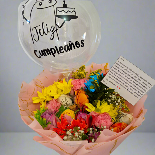 Birthday Bouquet with Mixed Roses, Bubble Balloon & Card – Hato Corozal Casanare