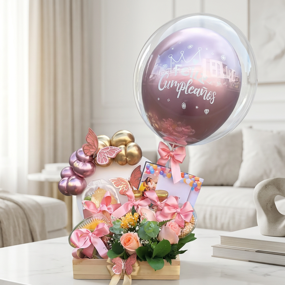 Birthday surprise breakfast with pink roses, balloons, butterflies and sweet treats in a wooden gift tray for delivery in Manizales, Colombia.