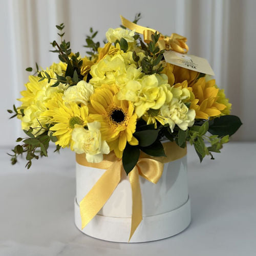ellow Seasonal Flower Arrangement in White Gift Box with Yellow Bow