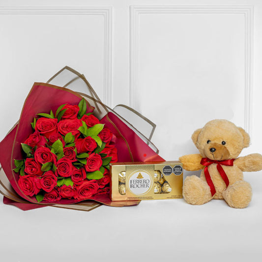 Red Roses Bouquet with Teddy Bear & Ferrero Rocher