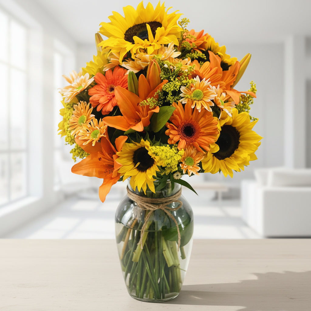 Crystal Vase with Sunflowers, Lilies, Gerberas, and Seasonal Flowers