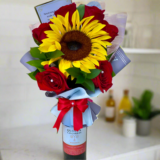 Bouquet of red roses and yellow sunflowers with a bottle of wine in a store setting, Arboletes Antioquia