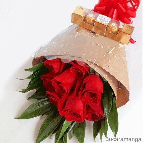 Romantic bouquet of a dozen red roses with Ferrero Rocher chocolates