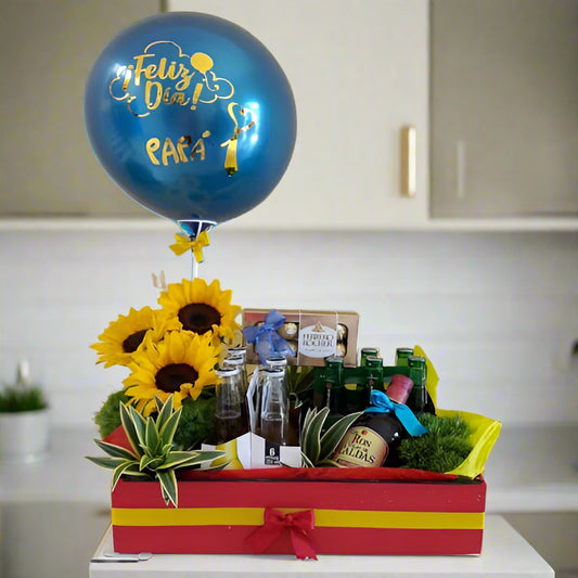 Father’s Day gift box with balloon, rum, beers, chocolates, sunflowers and greenery for delivery in Cali and Bogotá