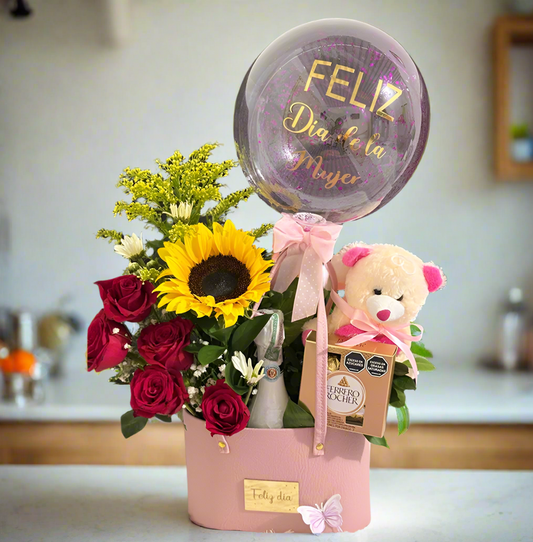 Pink Gift Box with Roses, Sunflower, JP Chenet, Balloon & Teddy – Hato Corozal Casanare
