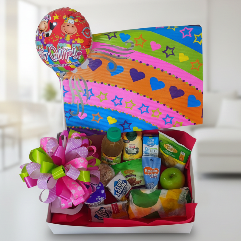 healthy breakfast gift basket with snacks fruit yogurt and balloon for delivery in Cali Colombia