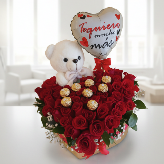 heart-shaped box with red roses ferrero chocolates teddy bear and love balloon for delivery in Cali Colombia