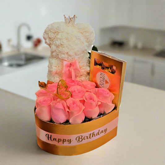 Houston same-day: pink roses in gold heart box with white rose bear and Ferrero Rocher (12)
