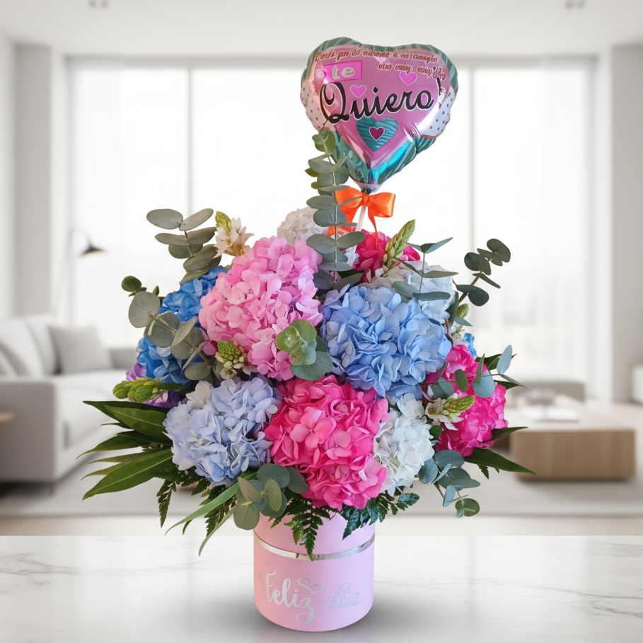 hydrangea flower arrangement in pink blue and white with balloon for delivery in Cali Colombia