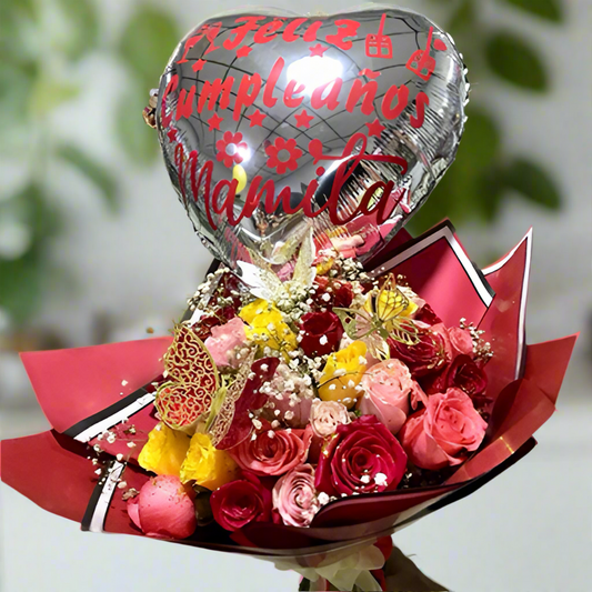 Large Multicolor Rose Bouquet with Balloon and Butterflies – Hato Corozal Casanare