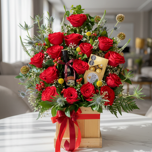 Luxury arrangement with red roses, Baileys cream liquor and Ferrero Rocher chocolates for delivery in Rionegro, Marinilla, Llano Grande, La Ceja and El Carmen de Viboral Antioquia Colombia